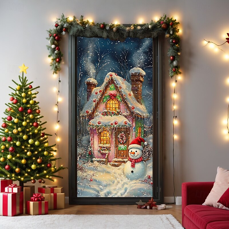 Christmas Door Decorations Door Covers Xmas Snowman House Door Tapestry Door Curtain Decoration Backdrop Indoor/Outdoor Door Banner for Front Door Farmhouse3