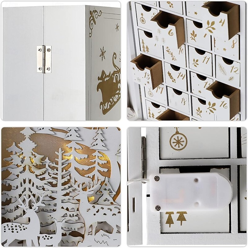 Christmas Wooden Advent Calendar Foldable Book with 24 Storage Drawers LED Wooden Advent Calendar Decoration with Christmas Tree House Reusable Xmas Countdown Calendar DIY for Adults Kids Gifts2