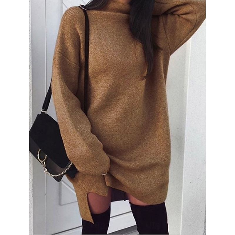 Women's Casual Dress Mini Dress Split Casual Stand Collar Long Sleeve Black Yellow Pink Color