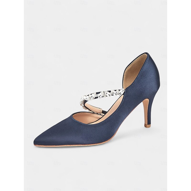 Women's Rhinestone Embellished Satin Heels - Elegant Pointed-Toe Pumps for Formal Events and Weddings3