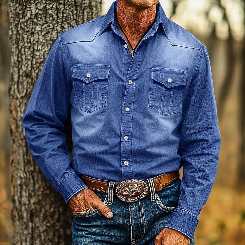 Men's Shirt Calico Shirt Casual Shirt Button Up Shirt Denim Shirt Plain Daily Vacation Light Blue Black Blue Dark Gray Long Sleeve Collar Spring & Summer Clothing Apparel4