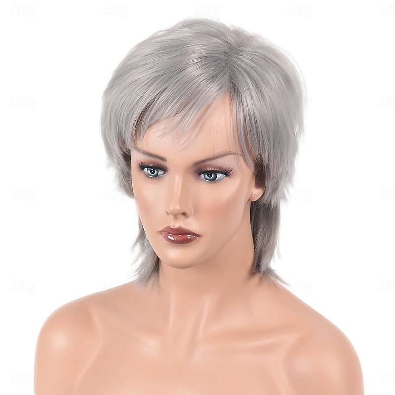 Sliver Gray Wigs Synthetic Wig Straight With Bangs Machine Made Wig Short Synthetic Hair Women's Soft Fashion Easy to Carry2