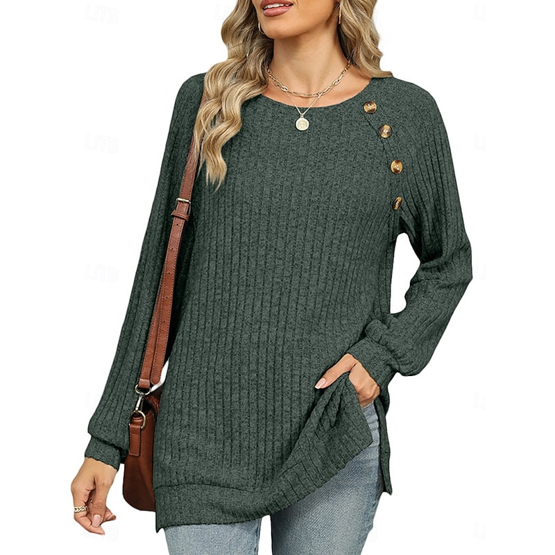 Women's T Shirt Plain Fashion Modern Casual Long Sleeve Crew Neck Regular Tops Daily Weekend Buttons Pink Blue Green Khaki Fall Winter 12