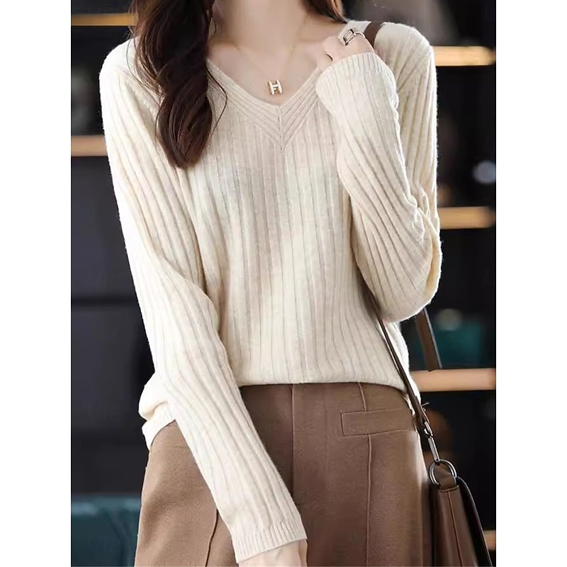 Women's Sweater Pullover Sweater Jumper Casual Soft Pure Color Ribbed V Neck Knitted Long Sleeve Regular Tops Knit Outdoor Daily Weekend White Yellow Fall Winter
