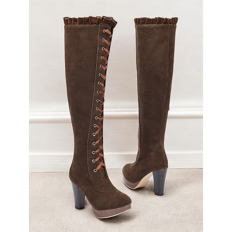 Women's Brown Victorian Lace-Up Knee-High Boots - Retro Style with Platform Heel, Perfect for Cosplay and Vintage-Inspired Outfits2