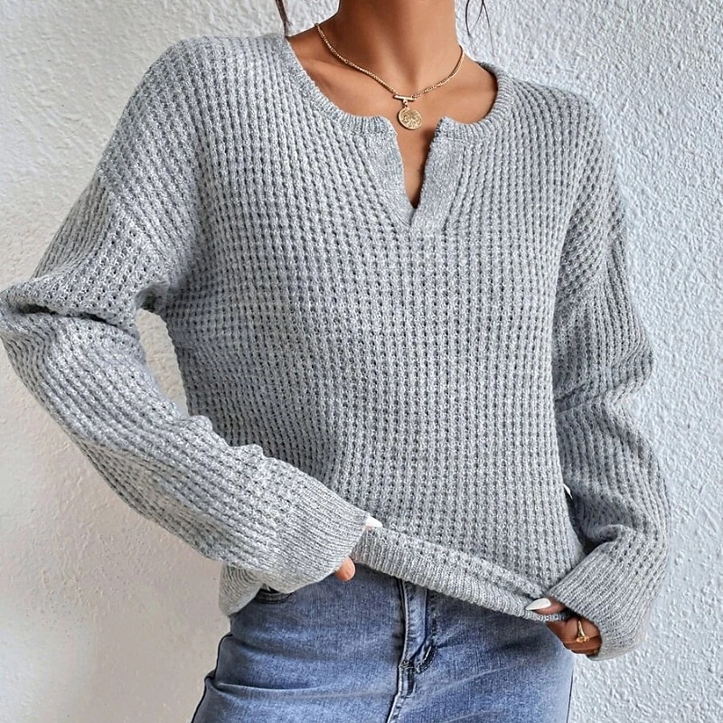 Women's Sweater Polo Collar Textured Knit Fall Winter Weekend Daily Work Basic Long Sleeve Solid Color Navy Blue Gray
