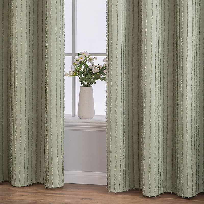 Cotton Linen Striped Curtain Fabric Sage Green Tufted Blackout Curtain For The Livingroom2