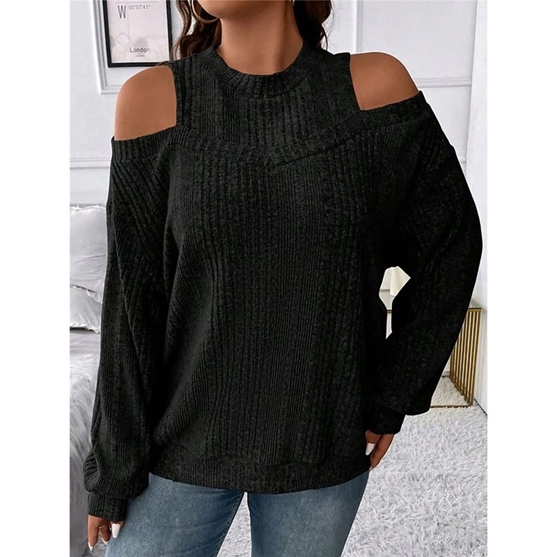Women's Sweater Pullover Sweater Jumper Casual Soft Striped Ribbed Crew Neck Knitted Cold Shoulder Long Sleeve Regular Tops Knit Outdoor Daily Weekend Black Red Fall Winter
