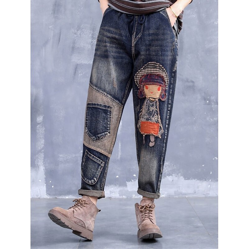 Women's Jeans Harem Pants Vintage Streetwear Mid Waist Embroidered Pocket Drawstring Micro-elastic Street Casual Blue Fall & Winter Regular Fit3