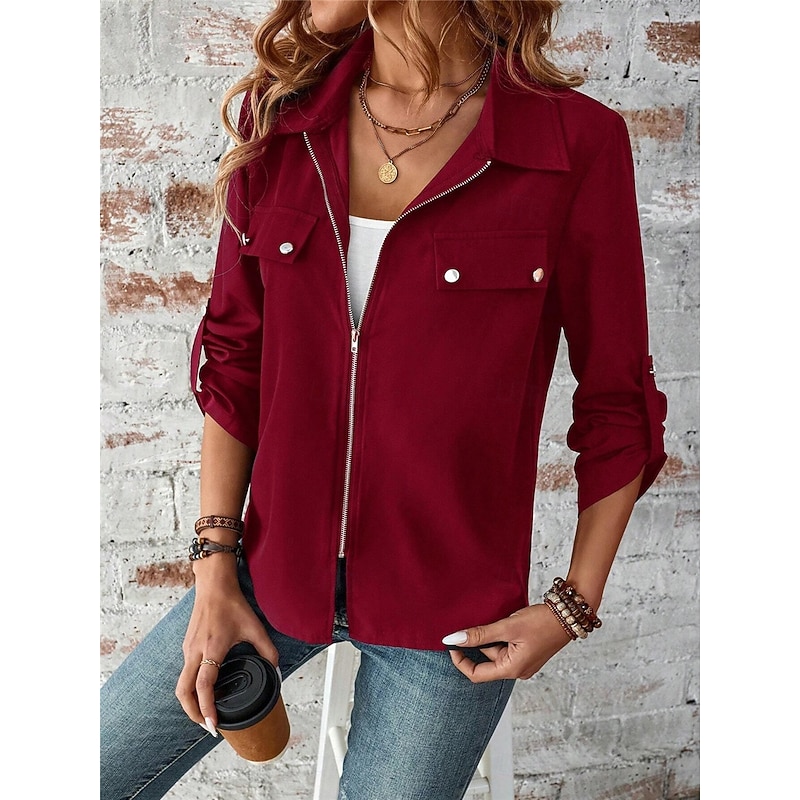 Women's Winter Coat Outdoor Street Daily Wear Fall Winter Short Coat Regular Fit Thermal Warm Breathable Stylish Casual Jacket Long Sleeve Plain with Pockets Full Zip Black Wine4