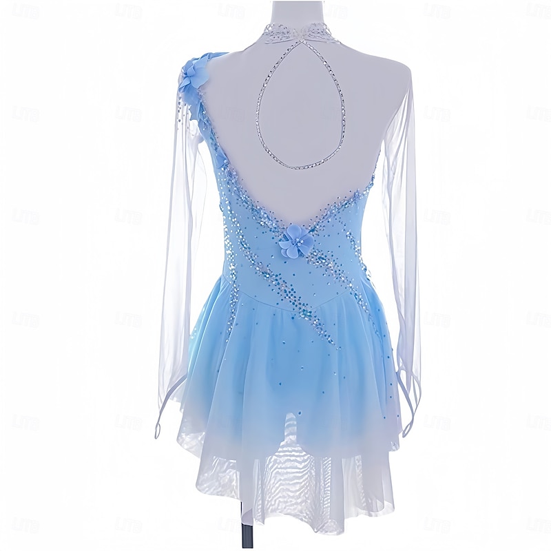 Figure Skating Dress Women's Girls' Ice Skating Dress Blue Thumbhole Halo Dyeing Mesh Spandex Stretchy Training Practice Professional Skating Wear Thermal Warm Classic Crystal / Rhinestone Long Sleeve2