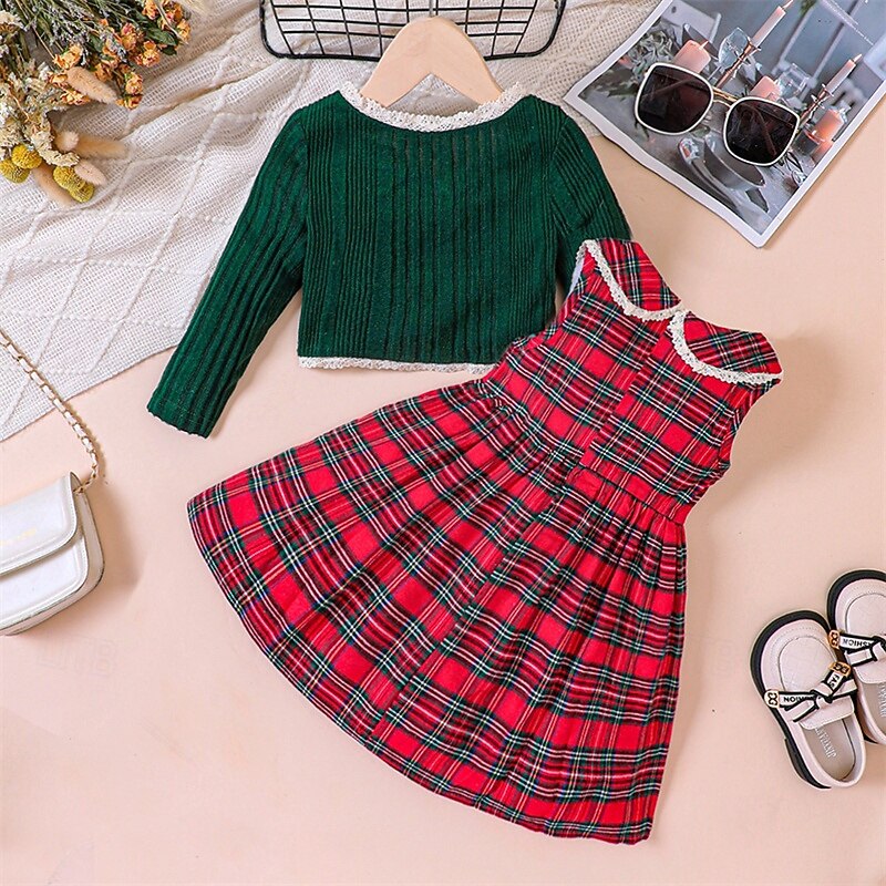 Kids Girls' Dress Plaid Ugly Long Sleeve Outdoor Party Tie Knot Adorable Beautiful Polyester Midi Casual Dress Dress Set Tank Dress Spring Fall 4 years+ Red2