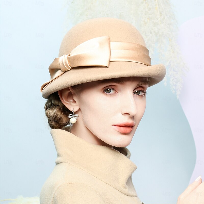 Hats 100% Wool Bowler / Cloche Hat Top Hat Wedding Tea Party Elegant Wedding With Bowknot Pure Color Headpiece Headwear2
