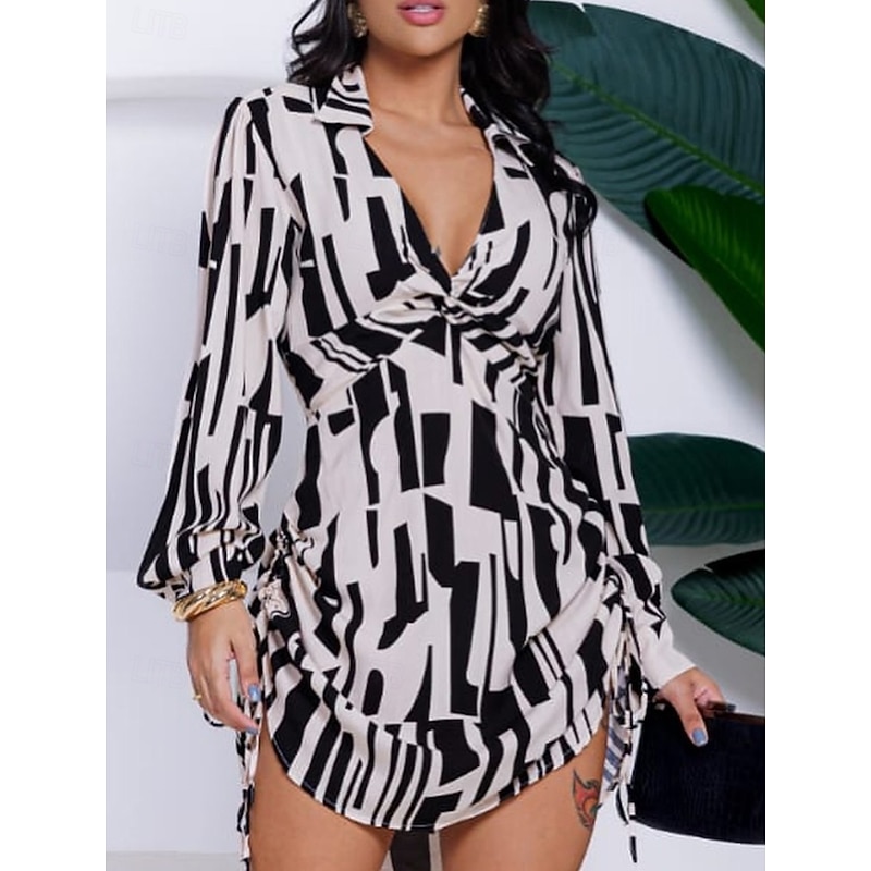 Women's Sheath Dress Geometric Drawstring Asymmetrical Hem V Neck Mini Dress Elegant Daily Long Sleeve Fall