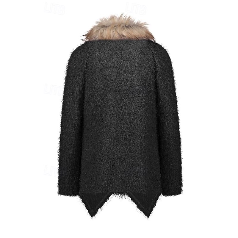 Women's Casual Jacket Outdoor Fur Collar Solid Color Windproof Fashion Regular Fit Outerwear Long Sleeve Fall Black S2