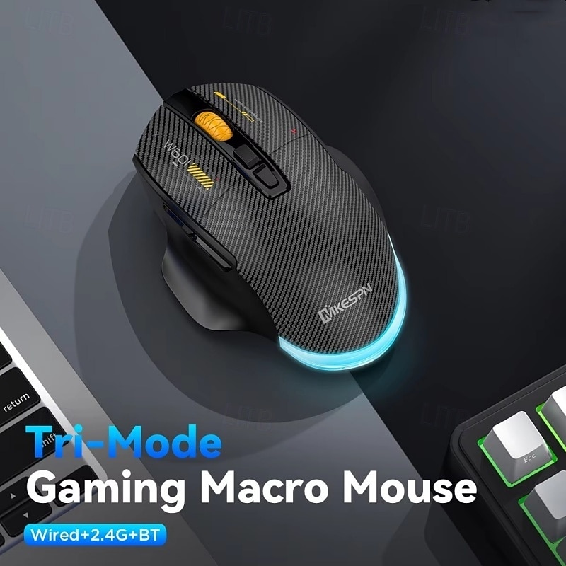MKESPN Wireless 2.4G Bluetooth 3 Modes Connect Mouse 12800DPI Adjust Macro RGB Gaming Mouse Programmable 500 mAh Rechargeable