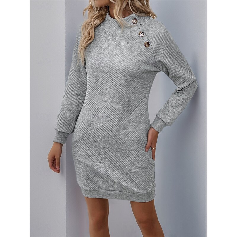 Women's Sweatshirt Dress Mini Dress Button Pocket Casual Stand Collar Long Sleeve Light Grey Color