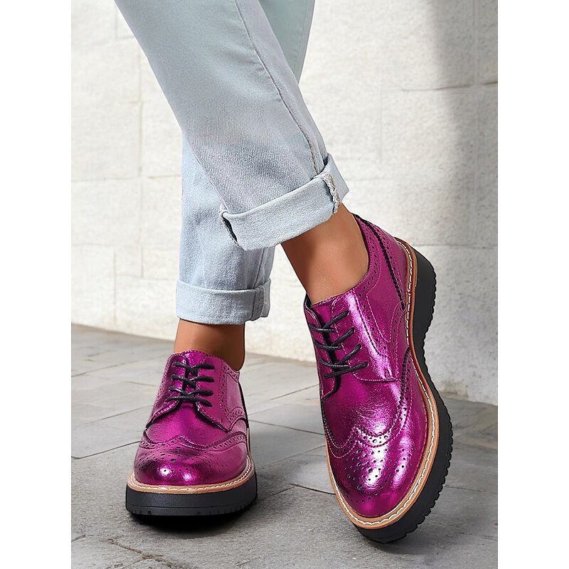 Women's Metallic Pink Brogue Oxford Shoes with Wingtip Design, Lace-Up Casual Dress Shoes for Parties and Fashion Events