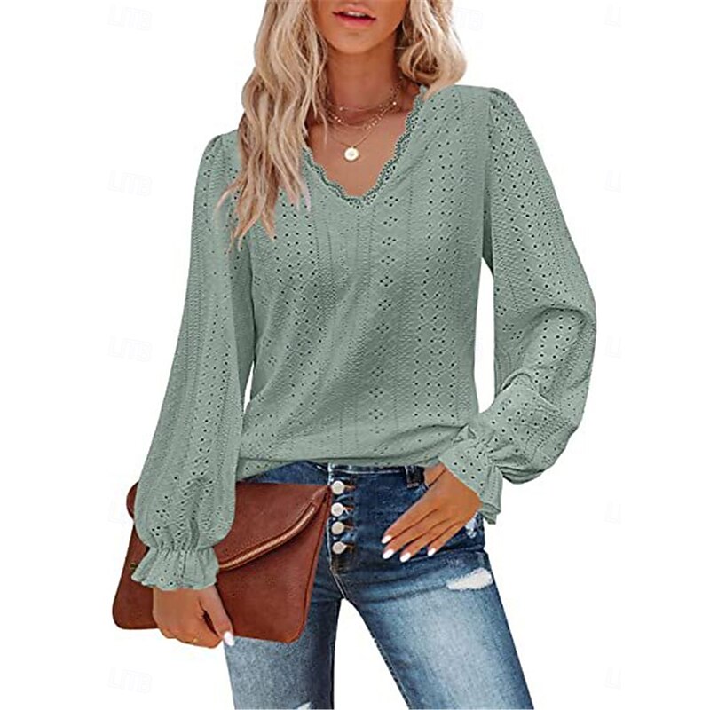 Women's Shirt Blouse Solid Color Basic Casual Long Sleeve V Neck Regular Tops Daily Lace Eyelet Light Green Pink Fall Winter3