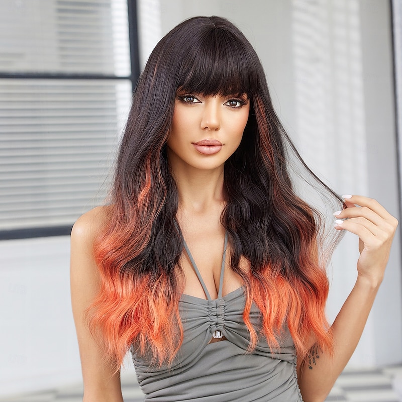 Synthetic Wig Curly Wavy Neat Bang With Bangs Machine Made Wig 26 inch Ombre Orange Synthetic Hair Women's Cute Cosplay Party Orange3