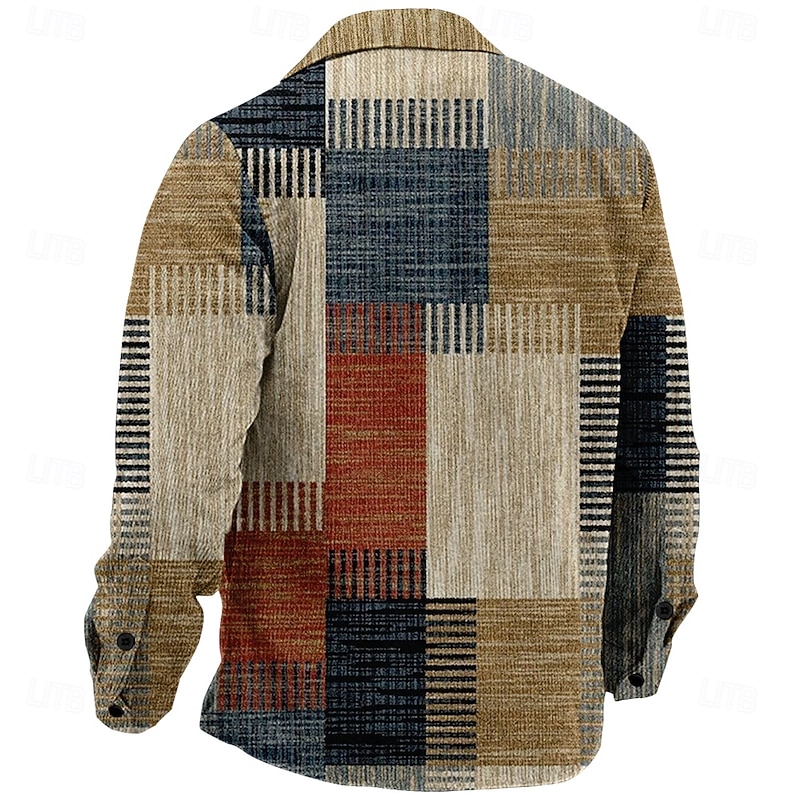 Men's Plaid Geometric Pattern Corduroy Shirt Shirt Jacket Overshirt Long Sleeve Vintage Business Casual Outdoor Dailywear Fall & Winter Turndown Collared Shirts Buttons 3D Print 2 Pockets 1pc Khaki2