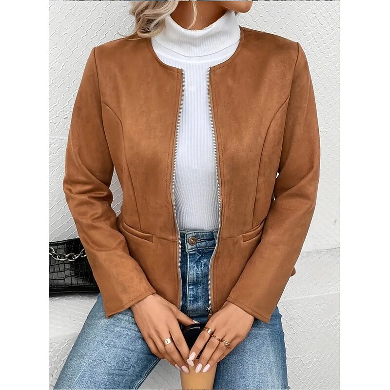 Women's Jacket School Zipper Solid Color Vintage Regular Fit Outerwear Long Sleeve Spring Black S3