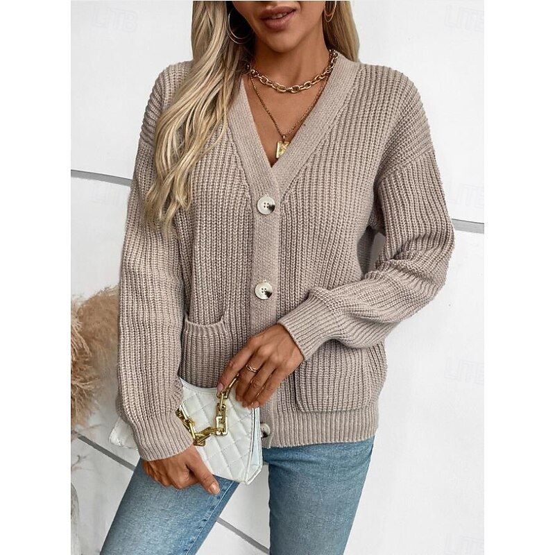 Women's Cardigan Casual Pure Color V Neck Knitted Long Sleeve Regular Tops Knit Daily Black Pink Fall Winter3