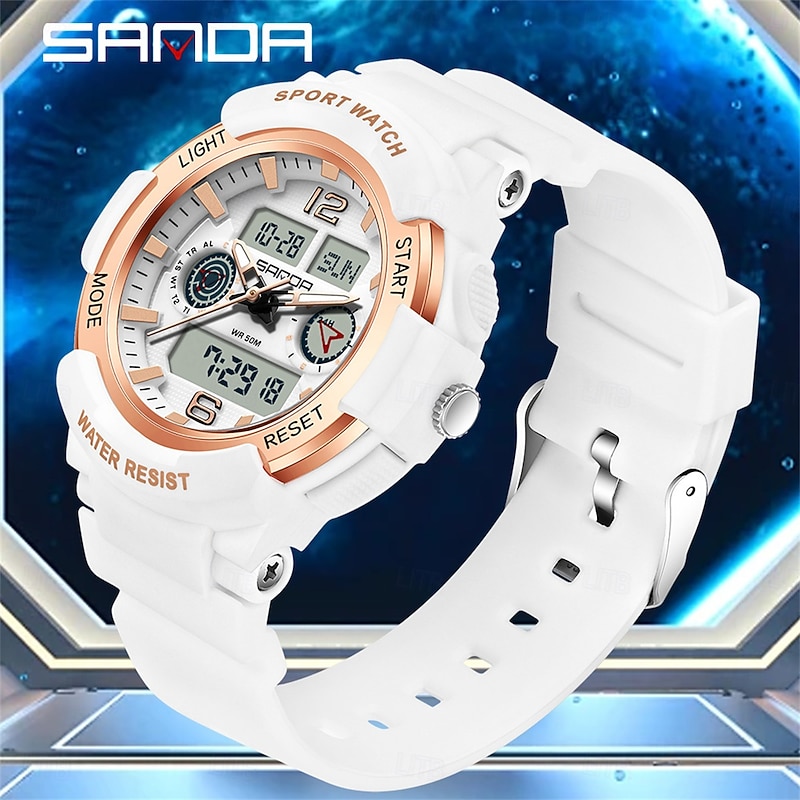SANDA Women Men Digital Watch Outdoor Fashion Casual Business Luminous Alarm Clock Countdown Three Time Zones TPU Watch
