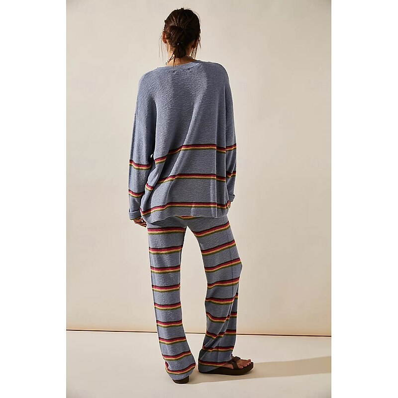 Women's Striped Sweater Set Crew Neck Knit Knitted Fall Winter Work Streetwear Casual Long Sleeve Striped Blue Green2