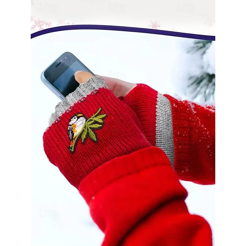 Hand-Knitted Bird Embroidered Fingerless Gloves - Cozy Winter Mittens for Women, Warm Knitted Wool Arm Warmers