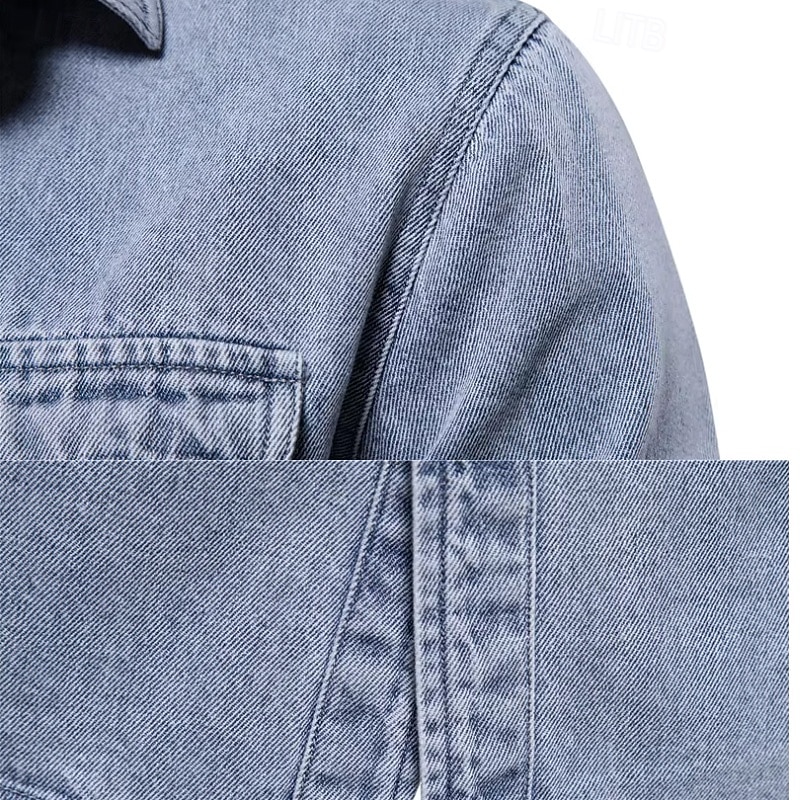 Men's Casual Shirt Overshirt Denim Shirt Solid Color Home Office Light Blue Dark Gray Long Sleeve Collar Summer Spring Clothing Apparel Buttons3