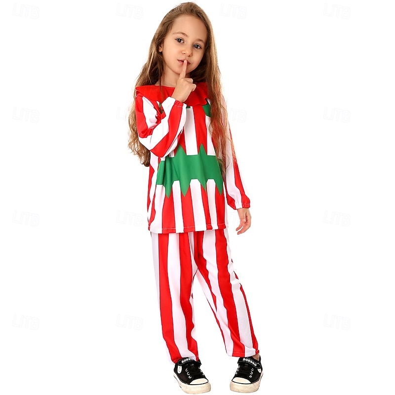 Candy Cane Sleepwear Christmas Pajamas Girls' Cosplay Costume Kid's Christmas New Year Christmas Eve Christmas Party Top Pants Hat2