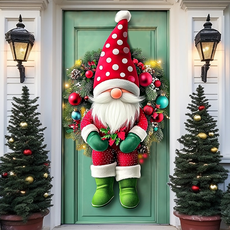 Christmas Door Decorations Door Covers Xmas Wreath Dwarf Door Tapestry Door Curtain Decoration Backdrop Indoor/Outdoor Door Banner for Front Door Farmhouse Gnome4