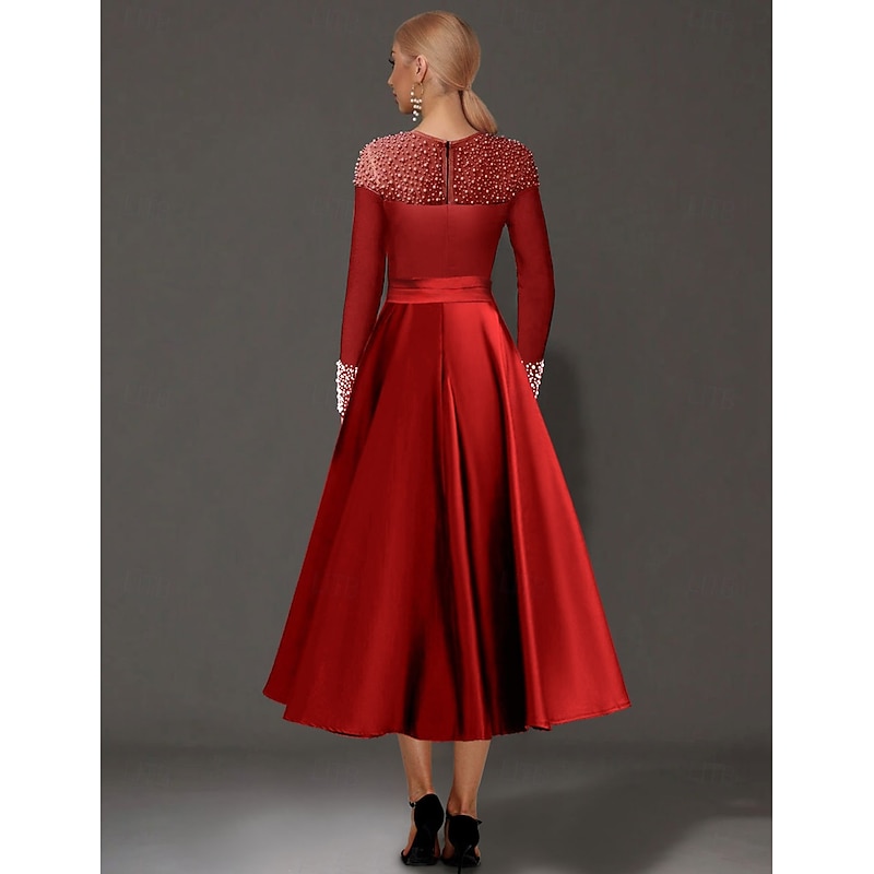 A-Line Cocktail Dresses Elegant Dress Formal Tea Length Long Sleeve Jewel Neck Satin with Pearls Dresses2