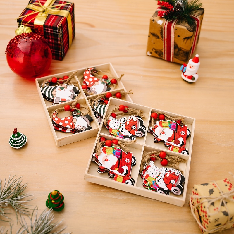 Christmas Wooden Gnome Ornaments Set, 4-Grid Cartoon Print Wooden Box with Santa and Gnome Decorations, Xmas Tree Hanging Decor