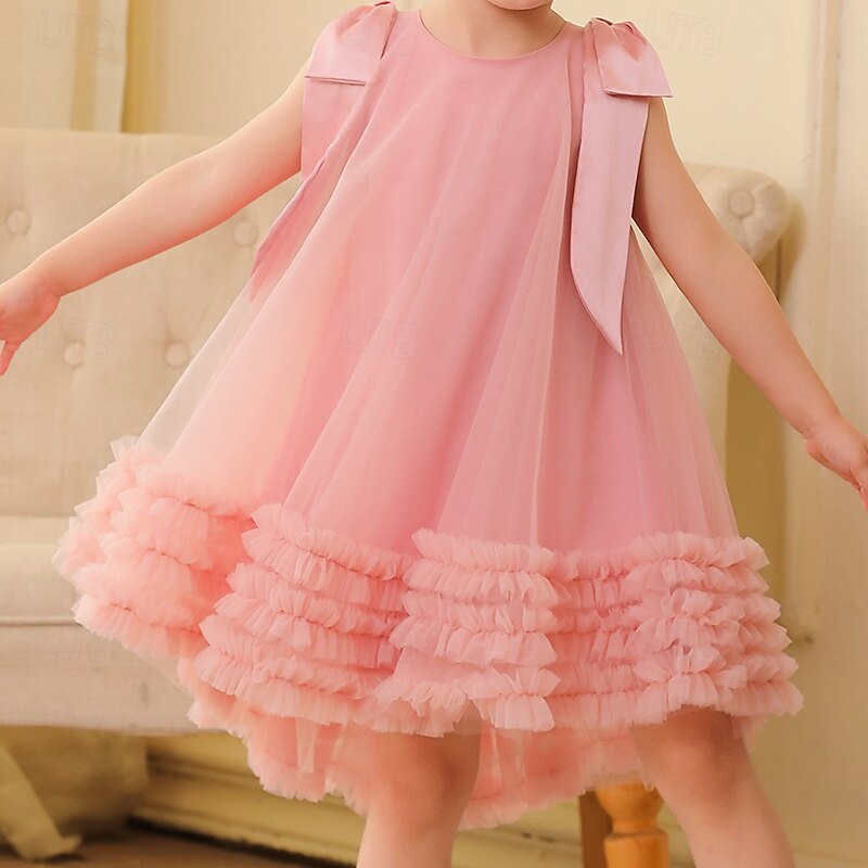 Kids Girls' Party Dress Solid Color Floral Sleeveless Wedding Special Occasion Mesh Adorable Sweet Polyester Knee-length Party Dress Summer Spring Fall 3-12 Years Pink4