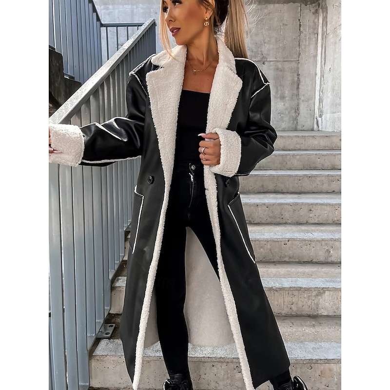 Women's Faux Leather Jacket Winter Coat Winter Jacket Windproof Warm Work Street Daily Wear Vacation Pocket Single Breasted Turndown Casual Street Style Solid Color Loose Fit Outerwear Long Sleeve4