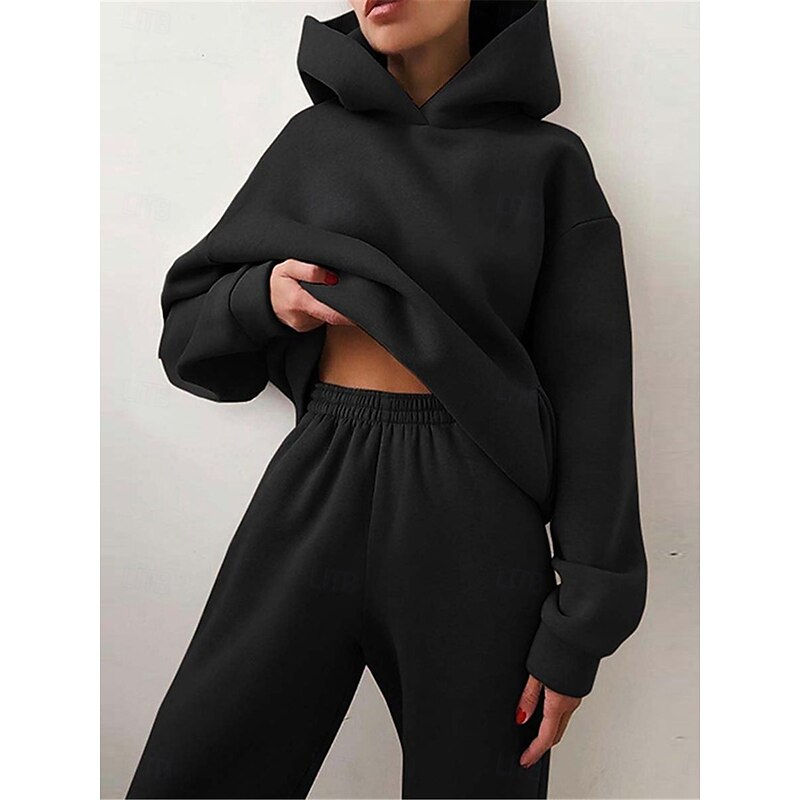 Women's Fashion Streetwear Daily Hoodie Sweatpants Long Sleeve Hooded Plain Casual Daily White Blue Dark Gray Fall Regular Fit3