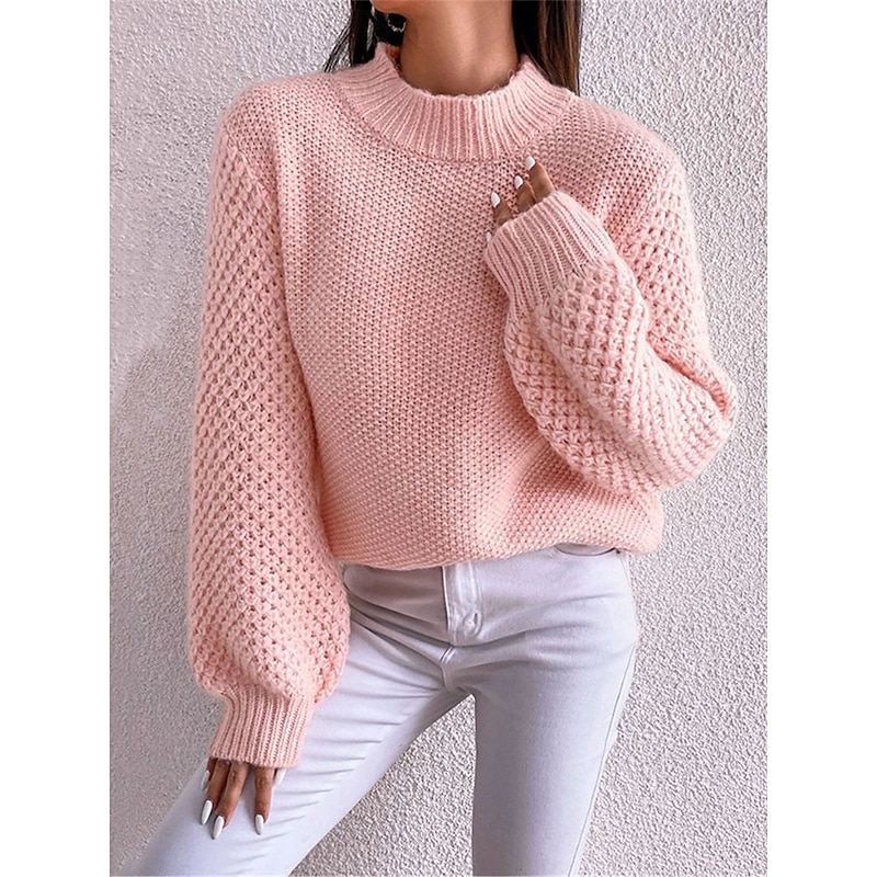 Women's Sweater Pullover Sweater Jumper Casual Soft Pure Color Ribbed Crew Neck Knitted Long Sleeve Regular Tops Knit Outdoor Daily Weekend White Pink Fall Winter