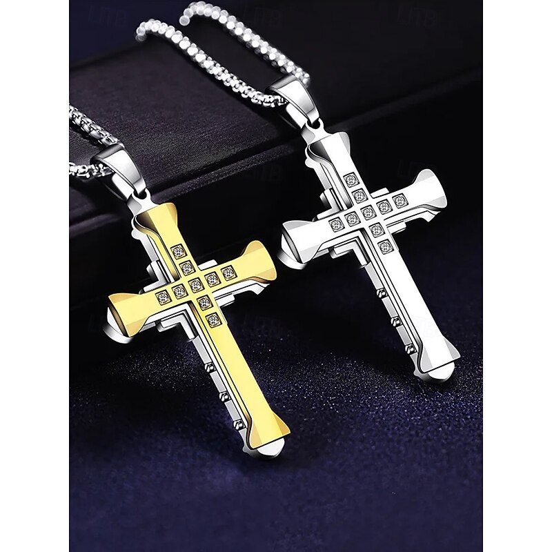 Men's Silver Cross Necklace with Gemstone Accents - Stylish Religious Pendant on Durable Chain for Casual and Formal Wear