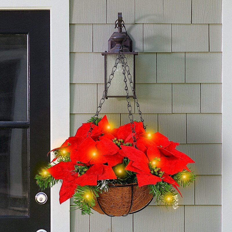 Artificial Poinsettia Christmas Hanging Basket, Pre Lit Faux Artificial Hanging Flowers in Basket, Christmas Red Fake Silk Plant Pot Planter with LED for Garden Yard Holiday New Year(red)3