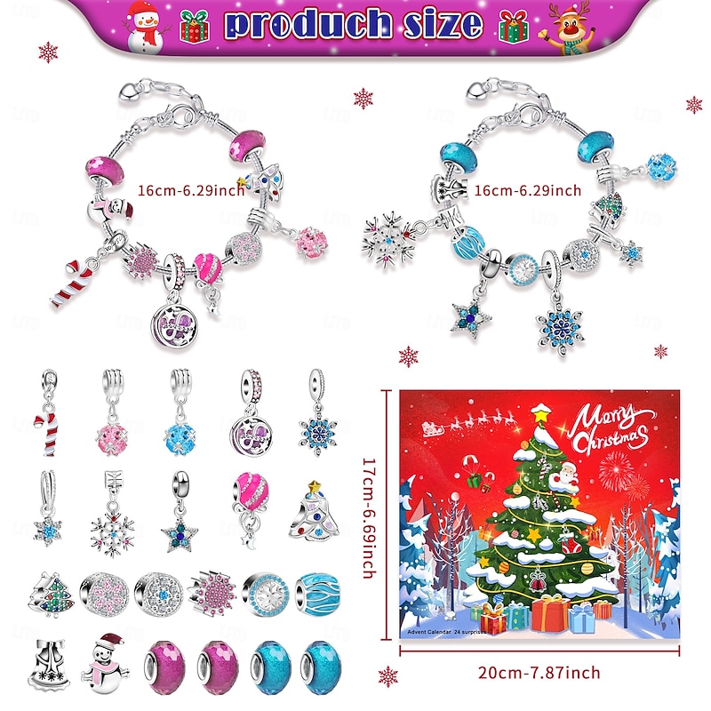 Christmas Advent Calendar Bracelets 2025 for Girls 24 Days Xmas Countdown Calendar DIY Jewelry Making Kit Gift 22 Charm Beads 2 Bracelets for Kids Teens Women3