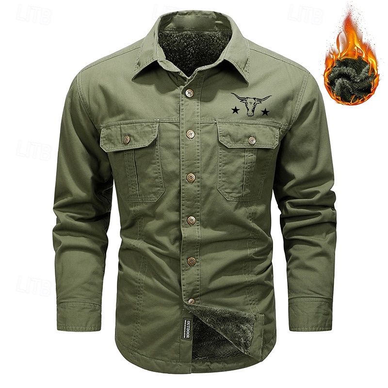 Men's Cow Print Work Shirt Western Shirt Cargo Shirt Long Sleeve Casual Sports & Outdoor Going out Fall Winter Turndown Print Black Army Green Khaki