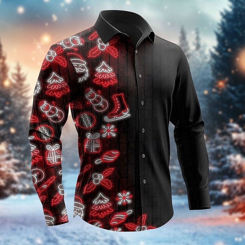 Christmas Men's Santa Claus Christmas Tree Neon Dress Shirt Button Up Shirt Long Sleeve Casual Party Evening Wear Daily Festival Fall Winter Spring & Summer Shirt Collar Button Up 3D Print Black