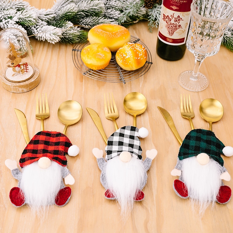 Christmas Gnome Cutlery Decoration, Plaid Gnome Cutlery Holder, Forest Old Man Tableware Set Table Decoration