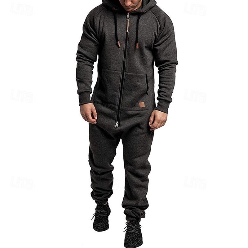 Men's Tracksuit Jumpsuit Sweatsuit Full Zip One-piece Solid Colored Athletic Clothing Set Fall Dark Grey Dark Khaki Gym Workout Jogging Running Thermal Warm Soft Long Sleeve Sport Activewear3