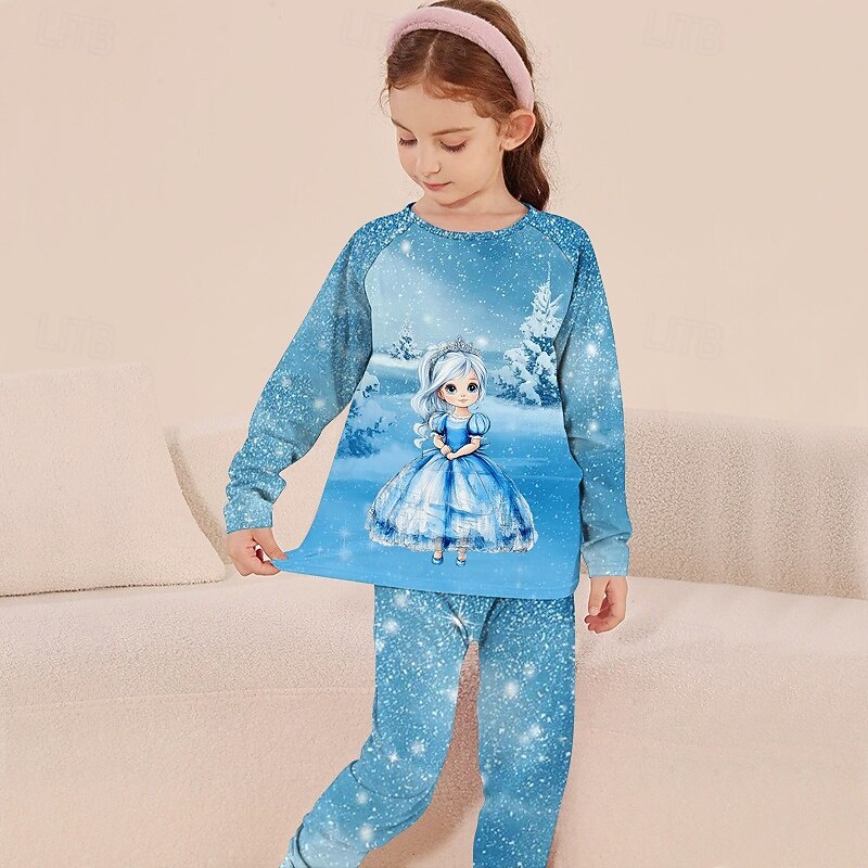 Girls' 3D Graphic Snowflake Princess Christmas Pajamas Pajama Sets Tee & Pants Pajama Sets Long Sleeve 3D Print Fall Winter Active Basic Kids 4 years+ Crew Neck Home Daily Regular Fit2