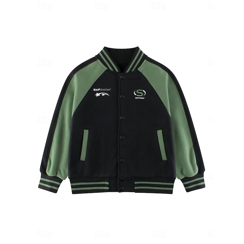 Kids Unisex Baseball Jackets Outerwear Star Long Sleeve Patchwork Pocket Coat School Cotton Fashion Cool Black Fall Winter 7-13 Years