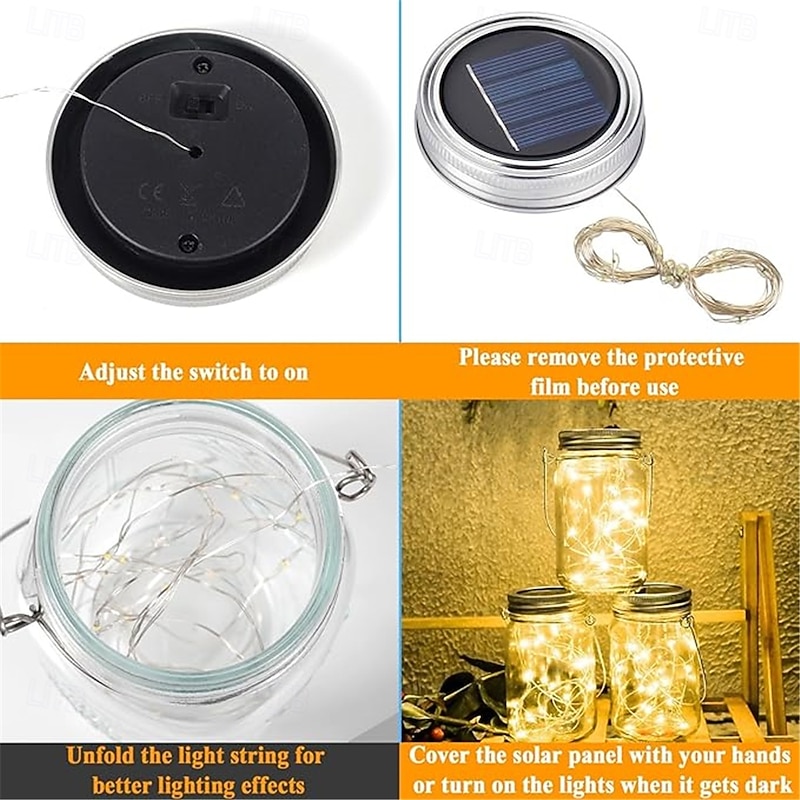 6pcs 2M Solar LED Lantern String Lights, 20 LEDs Jar Garden Lights for Christmas Wedding & Outdoor Decor Warmwhite, White, Purple, Pink, Red, Green, Blue and Red Source Color4