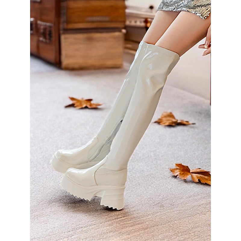 Women's Red Patent Leather Platform GoGo Boots - Thigh-High Chunky Heels with Zipper Closure, Retro Futuristic Style for Party, Clubbing, and Costume Wear